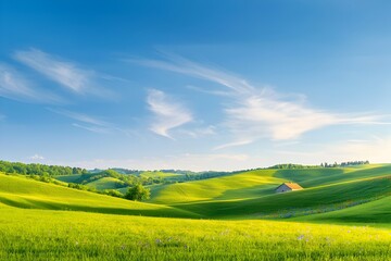 Obraz premium Idyllic Pastoral Countryside Landscape With Rolling Hills Wildflowers and Farmhouse Under Serene Sky