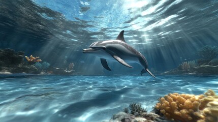 Naklejka premium Dolphin swimming gracefully in crystal clear ocean waters with coral reef.