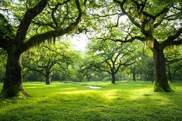 Fototapeta premium Mystical Moss Covered Forest Clearing with Glimmering Stream and Golden Sunlight