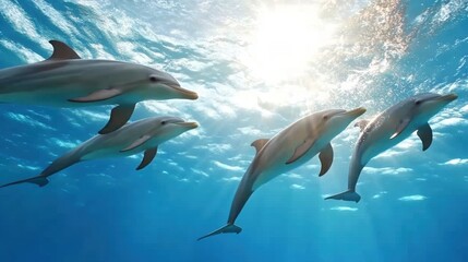 Dolphins swimming gracefully in clear blue ocean waters.