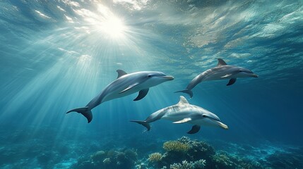 Obraz premium Dolphins swimming gracefully in sunny ocean waters, vibrant coral below.
