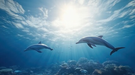 Fototapeta premium Dolphins swimming gracefully through clear blue water, sun rays illuminating the scene.