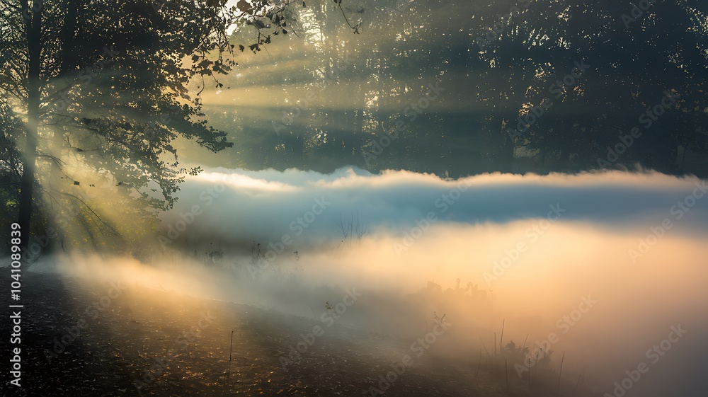 Poster ethereal mist enveloping lush forest landscape at dawn illuminated by soft sunbeams creating a dream