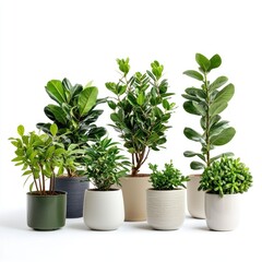 Several small indoor plants in modern pots, arranged on a white background. isolated on white background.