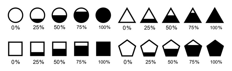Set of filled circle from 0 to 100 percent icon. Geometric figures such as triangle, square, pentagon. Vector illustration © stoker