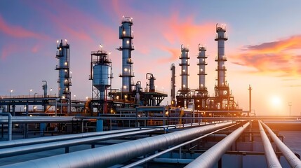 Aerial view of a sprawling industrial oil refinery complex with towering pipelines metal pipes and intricate machinery processing and producing energy resources