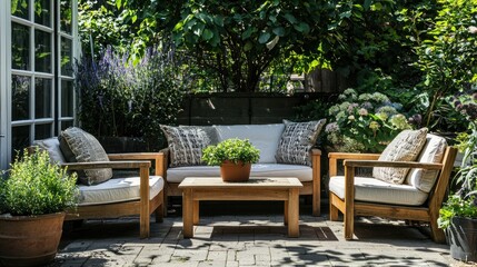 A small patio nook with comfortable wooden furniture and potted plants, ideal for relaxing in the garden.
