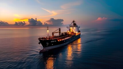 Fototapeta premium Large oil tanker ship docked at a commercial seaport and being loaded with crude oil for international transport and distribution