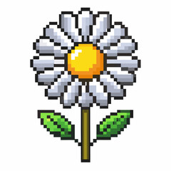 Obraz premium Pixel Art Daisy with Green Leaves Retro Style Vector Illustration