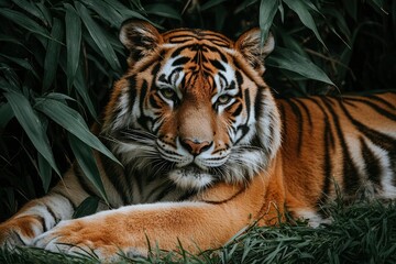 Obraz premium Close-up Portrait of a Tiger Resting in Lush Greenery