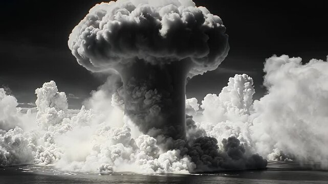 Mushroom cloud from atomic bomb test, a dark silhouette against a cloudy sky, black and white nuclear explosion, generative ai