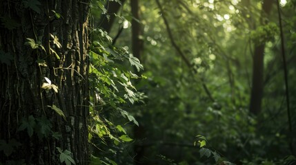 Fototapeta premium Vines Wrapping Around a Tall Tree Trunk in a Forest