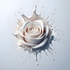 The moment a balloon filled with milk broke. The droplets forms a minimal rose. White background.