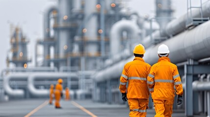 Workers in safety gear conducting regular safety inspections and maintenance checks on gas pipelines and equipment within a large industrial refinery complex