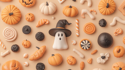 spooky halloween 3D element pumpkin and hat