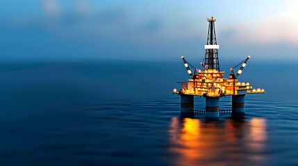 Obraz premium Illuminated offshore oil rig at night with various industrial machinery and drilling equipment in full The rig s metal structure and platforms are brightly lit