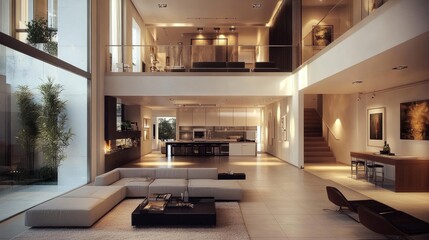 A grand living space with high ceilings and stylish decor. Includes an open kitchen, a modern loft, and a bright entryway