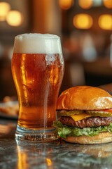 Hamburger and Beer on Table