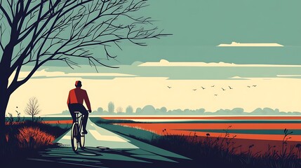 Bicyclist riding through a flat-style countryside, open fields and trees along the path, clear sky with soft gradients, simple shapes and clean lines, warm and calm colors,
