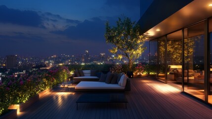A rooftop terrace for entertainment and relaxation with panoramic views. Soft lighting, modern furniture, and vibrant greenery enhance the experience.