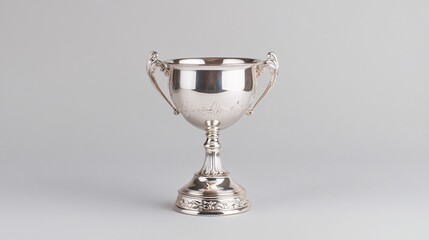 victorious business achievement scene, premium silver trophy with ornamental details, expertly crafted metallic cup, dramatic studio lighting, professional atmosphere, elegant suit styling,