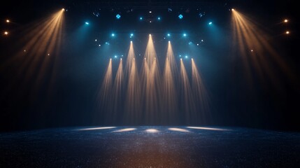majestic stage illumination, golden horizon beam rays, blue spotlights ascending, sparkling particle floor, premium event lighting, dramatic dark atmosphere, celestial light show, volumetric rays,
