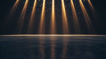 elegant golden light rays rising from horizon, luxury stage design, vertical beam array, starlight sparkles, dark atmospheric background, premium 3d render, cinematic perspective, volumetric lighting