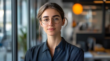Fototapeta premium Portrait of woman near workplace and looking at camera. 