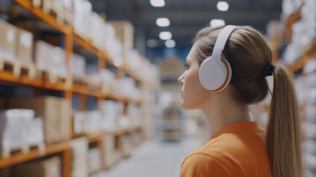 In a clean and spacious warehouse, the manager, donning a headset, supervises the fast-paced operations with ease. Her headset allows her to stay connected with her team, ensuring smooth