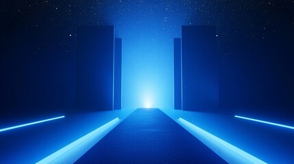 premium blue stage pathway, converging light rays, star-filled backdrop, elegant venue design, gold illuminated edges, professional ceremony setting, dramatic depth, high-end environmental render