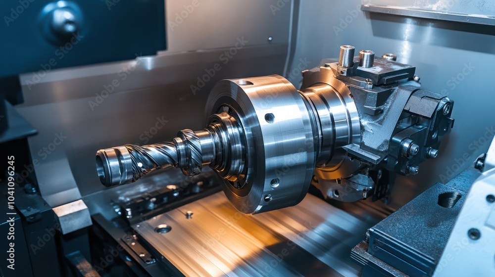 Poster the cnc lathe machine in metal working process finish cutting the metal cone shape parts. with light