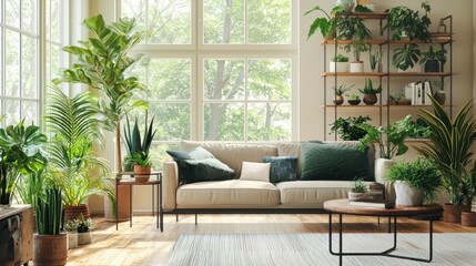 A modern living room filled with natural light, featuring houseplants placed on shelves and side tables to create a cozy atmosphere.
