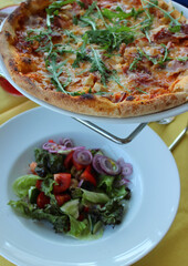 Pizza And Greens Salad On White Plates Top View Stock Image  
