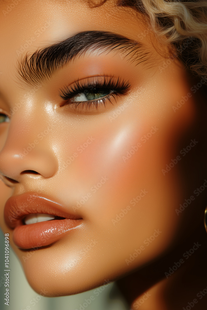 Poster woman glossy orange lips sleek dark hair bold makeup glowing skin orange look