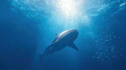 Obraz premium Majestic shark swimming in clear blue waters, vibrant ocean ecosystem displayed.