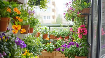 Fototapeta premium An apartment balcony transformed into an indoor garden, filled with hanging plants, potted greenery, and vibrant flowers.