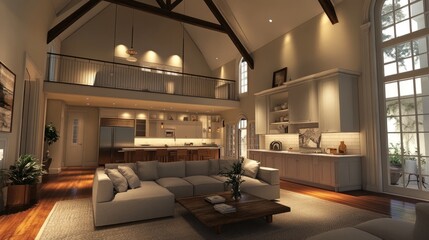 Elegant and spacious living room with soaring ceilings. The design integrates a kitchen, entryway, and a loft for additional space.