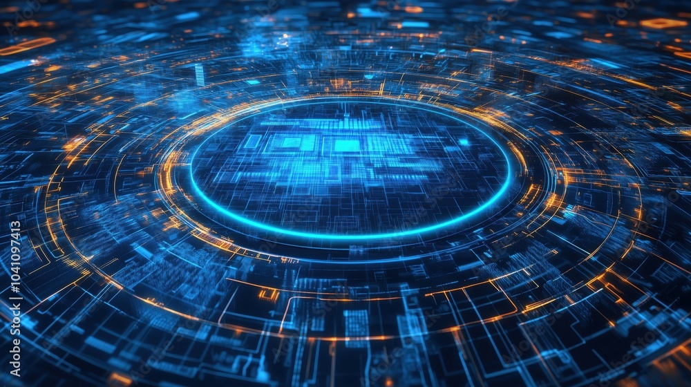 Poster futuristic digital technology background with glowing circuits and patterns