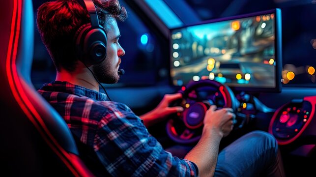 Gamer focused on racing game in a dark setting.