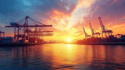 Fototapeta premium A modern harbor scene at sunrise, cranes and containers against a backdrop of a colorful morning sky, reflecting the vitality and expansion of international commerce