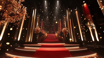 prestigious ceremony platform, multi-level staircase design, deep red and gold color scheme, dramatic overhead lighting, floating light sparkles, premium event stage atmosphere