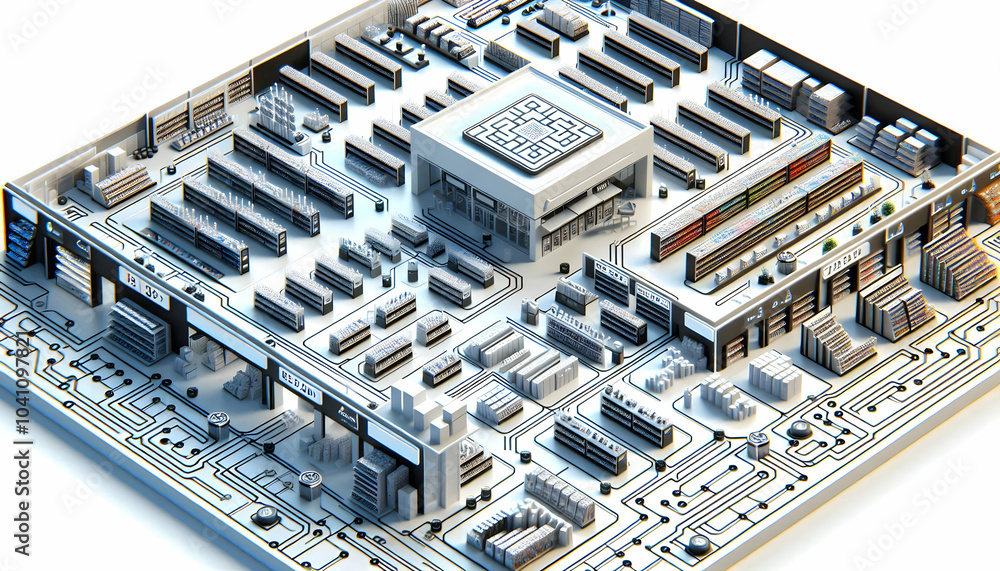 Poster 3d retail store circuit board concept isolated vector illustration with aisles as pathways and produ