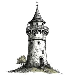 A sketch of a majestic castle, highlighted by its towering structure and intricate architectural details.