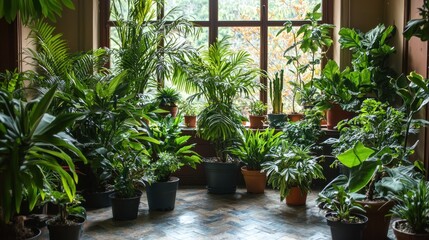 A room filled with various indoor plants of all shapes and sizes, creating a jungle-like atmosphere inside the home.