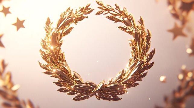 majestic award insignia, intricate golden wreath design, floating star elements, rich metallic texture, subtle light reflections, prestigious presentation style