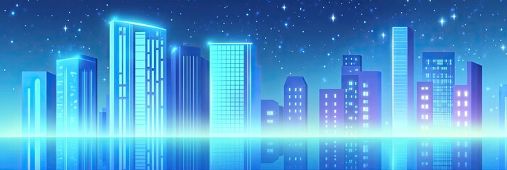 Glowing blue city skyline at night with reflections on water, perfect for banners, business presentations, and modern cityscapes.