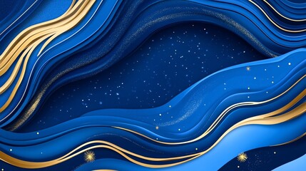 majestic royal blue background design, graceful golden wave elements, sophisticated text styling, celestial starlight effect, premium celebration aesthetic