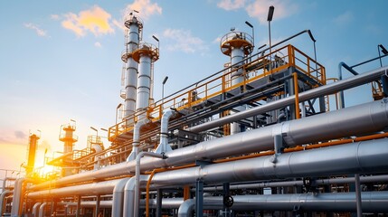 Fototapeta premium Impressive oil refinery with intricate network of pipes and massive storage tanks set against a vibrant evening sky showcasing the power and scale of the energy industry