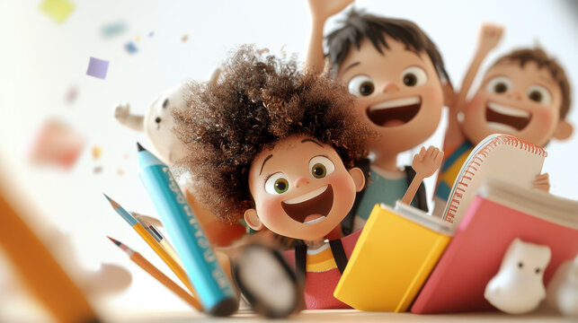 Joyful animated children celebrating with books and pencils, AI