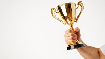 close-up of muscular arm triumphantly raising shiny golden trophy, isolated on pure white backdrop, sporting achievement, championship celebration